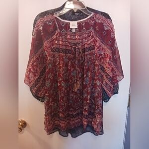Knox Rose Burgundy and Navy Floral Blouse XL